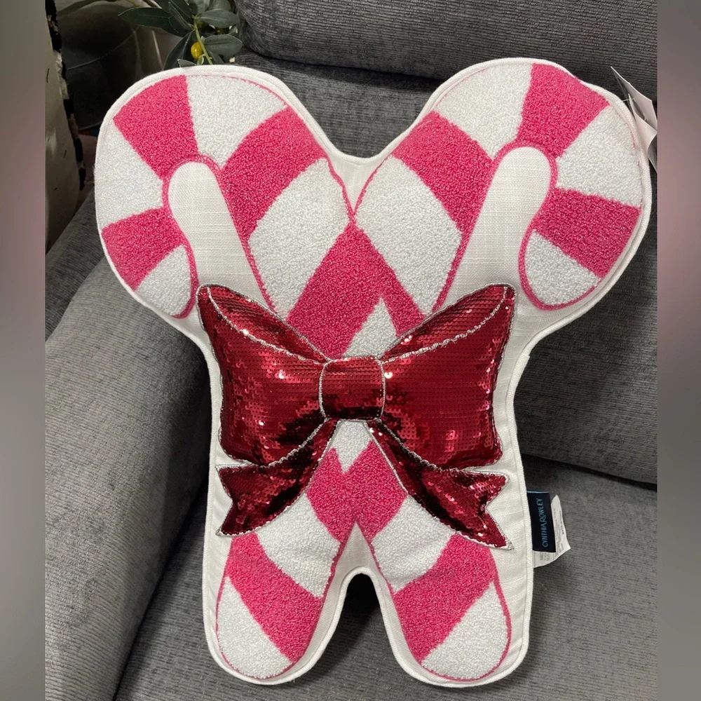 Pink Christmas Candy Cane Peppermint Sequin Bow plush pillow NWT Cynthia Rowley